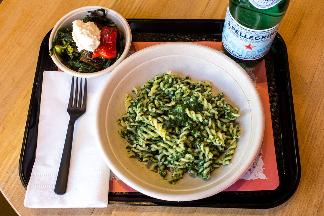 "Eat Your Greens" meal with fusilli with pesto, broccoli rabe and a San Pellegrino drink<br>